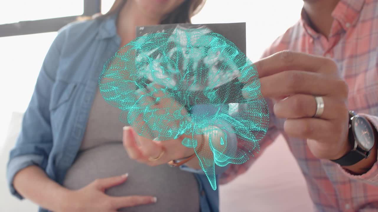 Expectant parents shifting card revealing ultrasound, hologram brain overlaying card for health