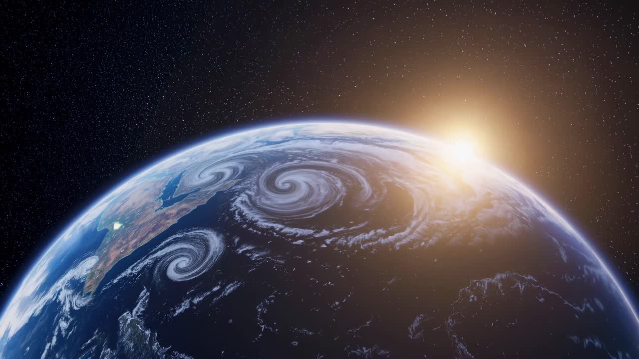 A stunning video concept of Earth from space at a low angle, showcasing swirling clouds and a bright