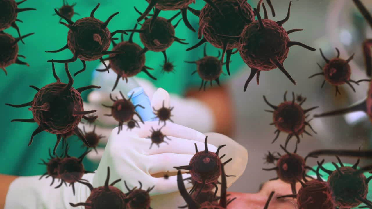 코로나바이러스 코로나19의 확산 애니메이션, 배경에는 의료진이 있습니다.