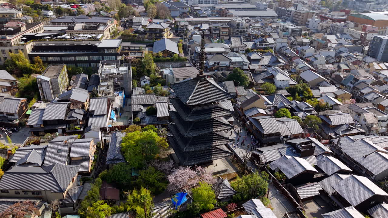 Aerial drone view of the Yasaka Pagoda temple in daylight