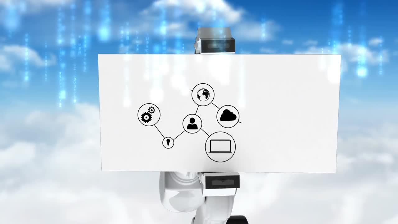 Digitalt genereret video af en robotarm, der holder et kort med et netværksikon
