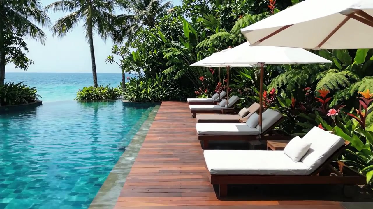 Serene Tropical Poolside Retreat Surrounded by Lush Vegetation and Breathtaking Ocean Views, Ideal for Relaxation and Leisure in Paradise