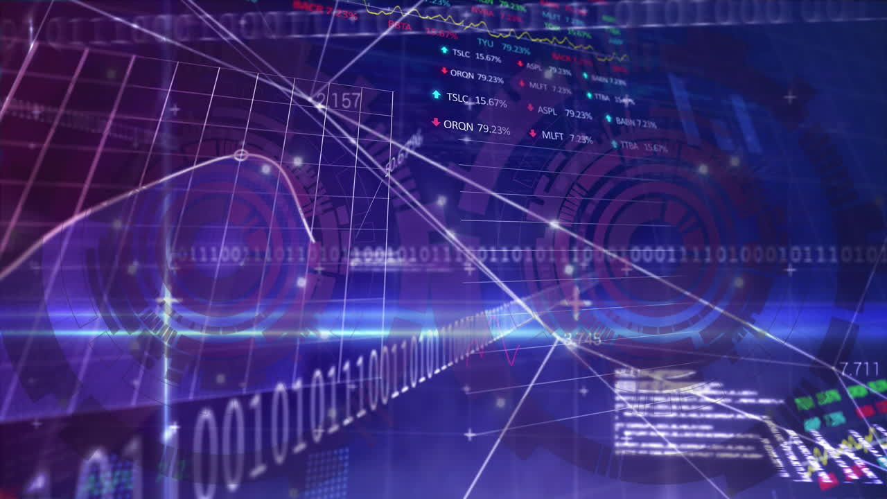 통계 및 증권 시장 데이터 처리에 대해 회전하는 둥근 스캐너의 애니메이션