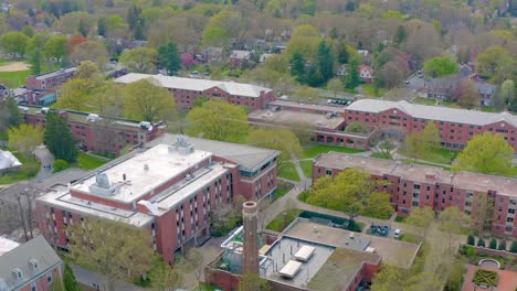 wide aerial panorama of college housing on university campus