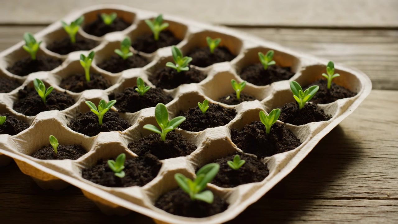Diagonale Saatschale aus recyceltem Zellstoff enthält feuchte Blumenerde, während winzige Sämlinge nach oben wachsen und Keimblätter sowie erste Blätter auf einer rustikalen Holzplatte bei sanftem, warmem Tageslicht zeigen, mit Sämling und Spross.