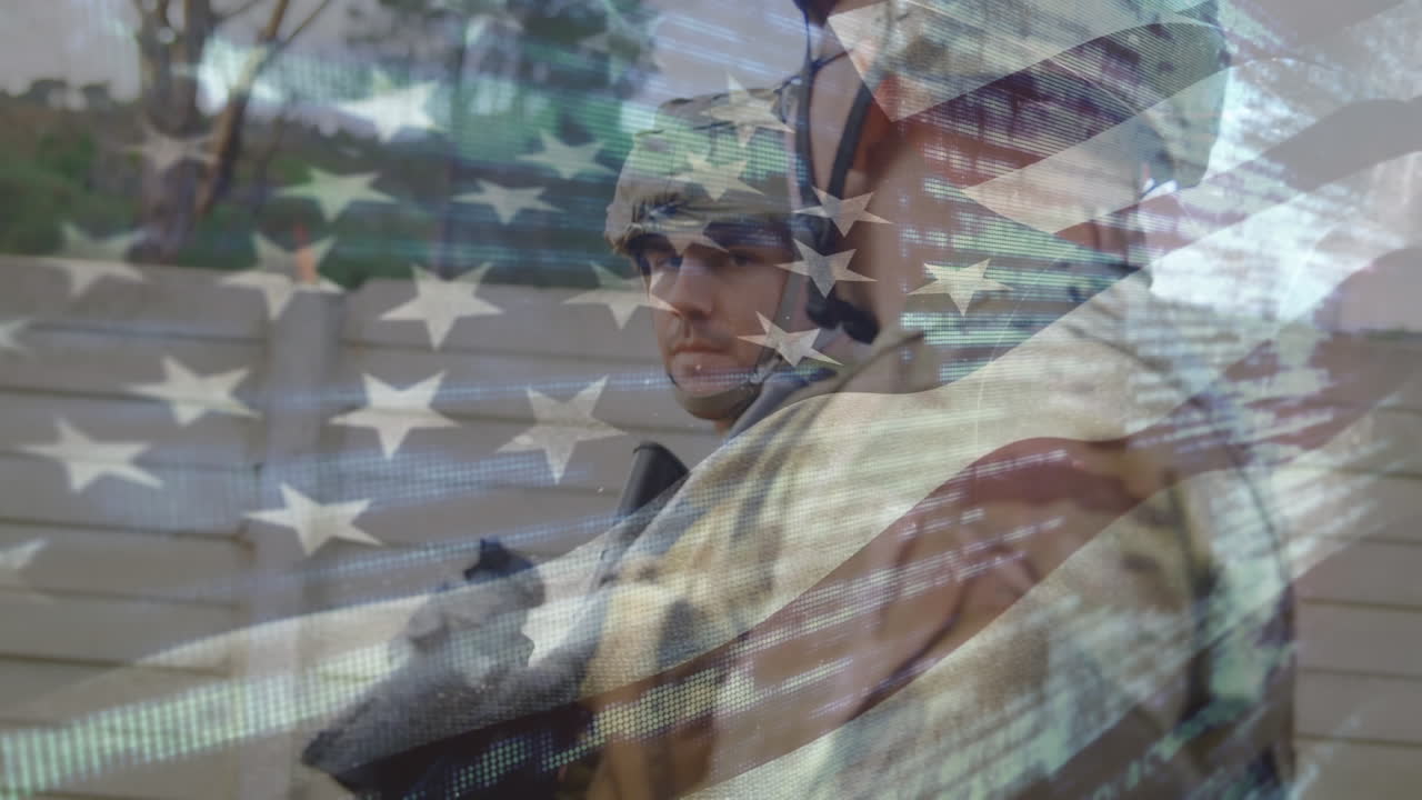 animación de la bandera de los estados unidos sobre varios soldados con armadura
