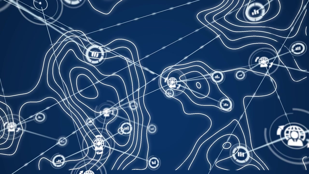 Animation of profile with network and graph icons connecting with lines over abstract patterns