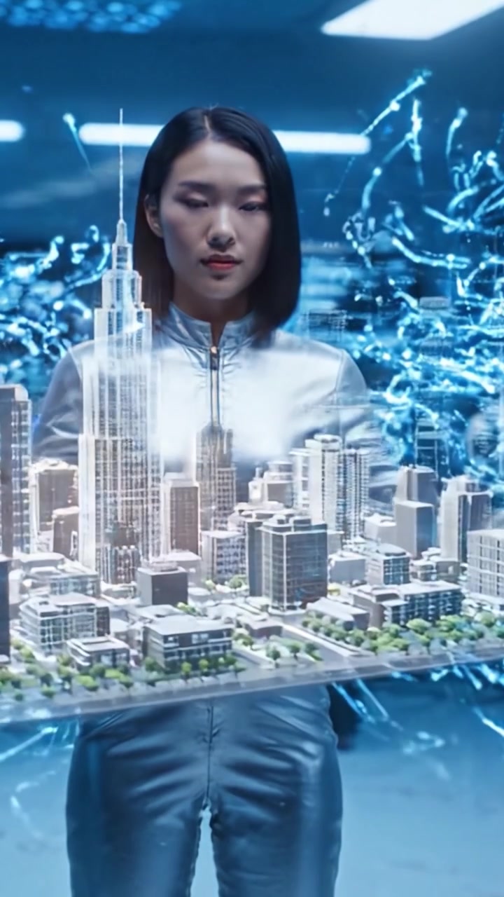 Futuristic Vision: A Young Woman in Silver Attire Engages with a Stunning Augmented Cityscape Amidst a Tech-Infused Environment of Glowing Blue Lights