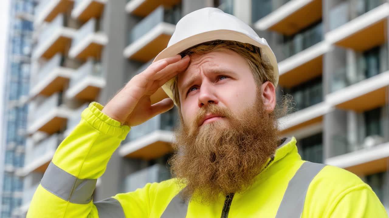 Operaio edile con indumenti protettivi che riflette sulle sfide affrontate in cantiere mentre indossa un cappello: un momento di contemplazione durante lo sviluppo urbano