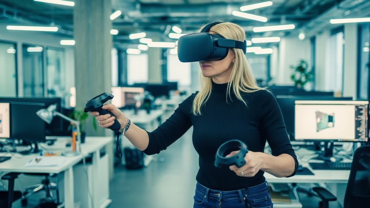 Sanal Gerçeklik Sürükleyiciliğine İlgi Çekici Bir Bakış: Yeni Dijital Deneyimleri Keşfetmek İçin VR Ekipmanı Kullanan, Ofis Ortamında Odaklanmış Bir Birey