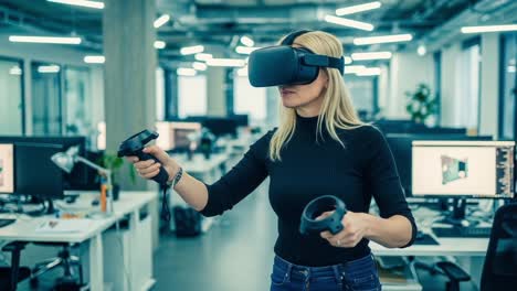 an engaging look at virtual reality immersion: a focused individual in an office setting using vr equipment to explore new digital experiences