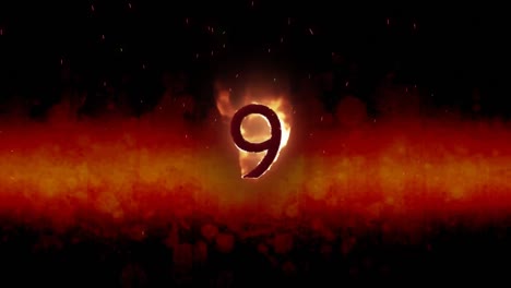 Animation-of-9-text-in-burning-flames-over-dark-background