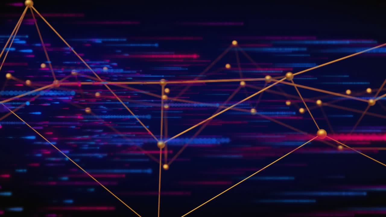 With neon streaks sliding left-to-right, gold nodes and lines shifting into peaks visualizing data
