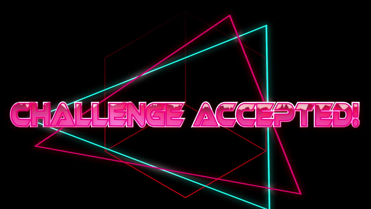 Animation of challenge accepted text in pink metallic letters over neon lines