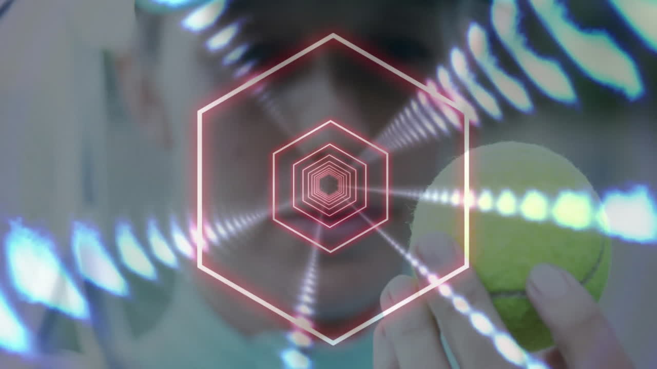 Doctor touching holographic interface with stethoscope in hospital showing neon pink hexagon beams