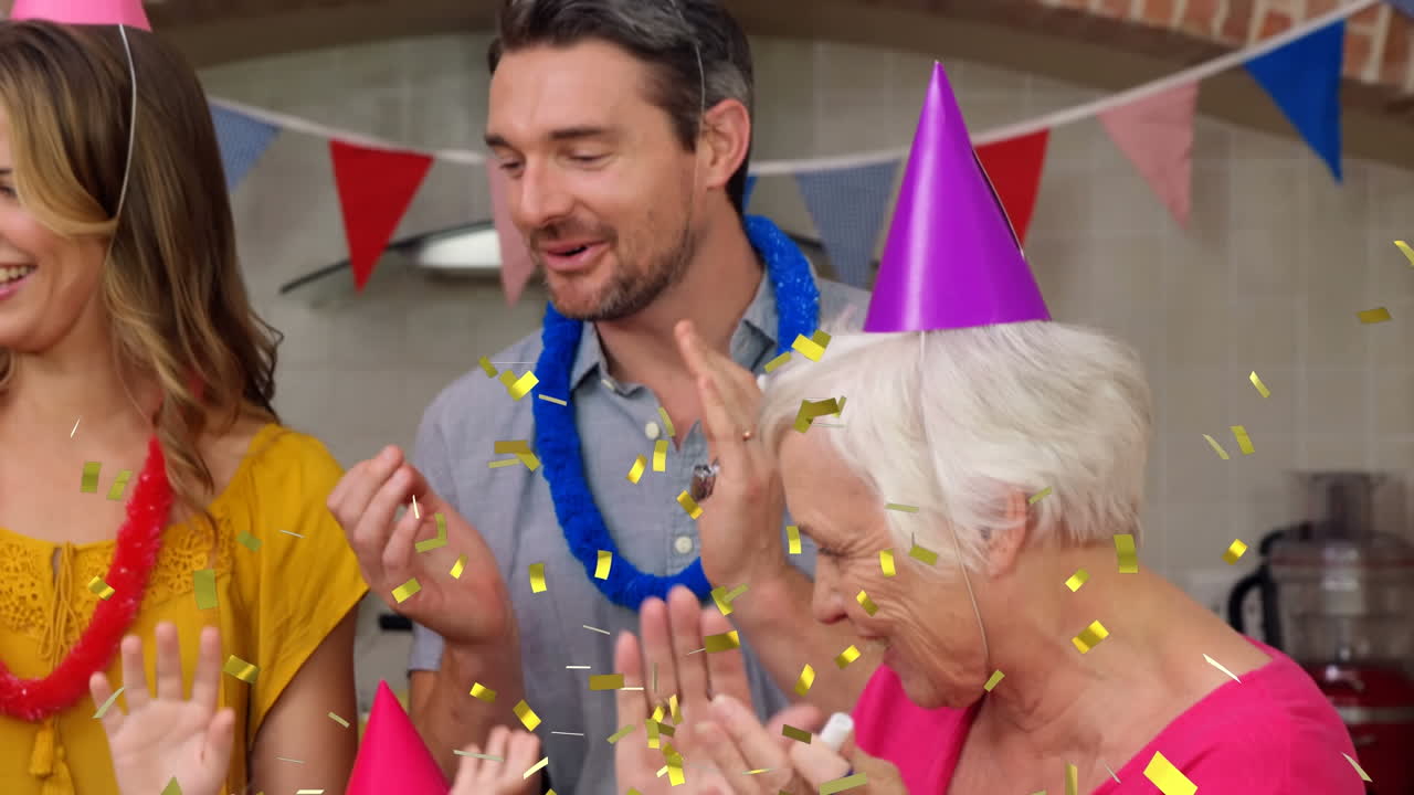 Animación de confeti cayendo sobre una familia divirtiéndose en una fiesta de cumpleaños