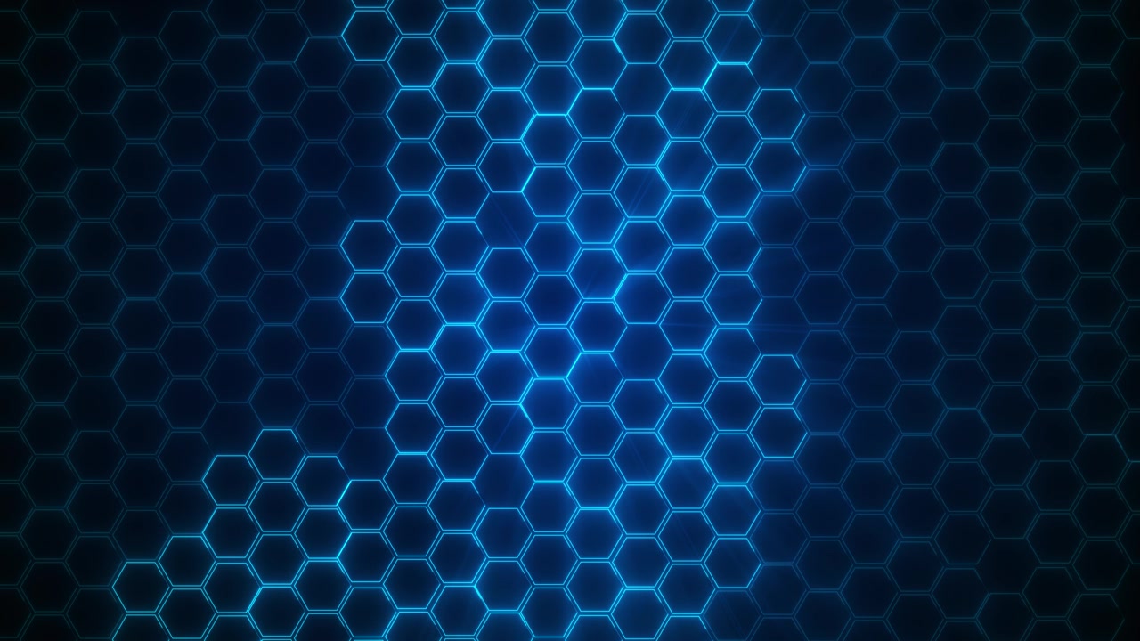 Blue hexagon grid technology background glowing cyan cells dark digital depth clean geometric
