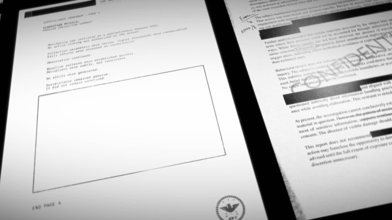 Camera passing over various top secret and classified documents and files. Top secret confidential government official looking papers and reports. Redacted censorship. Whistleblower leak or reveal