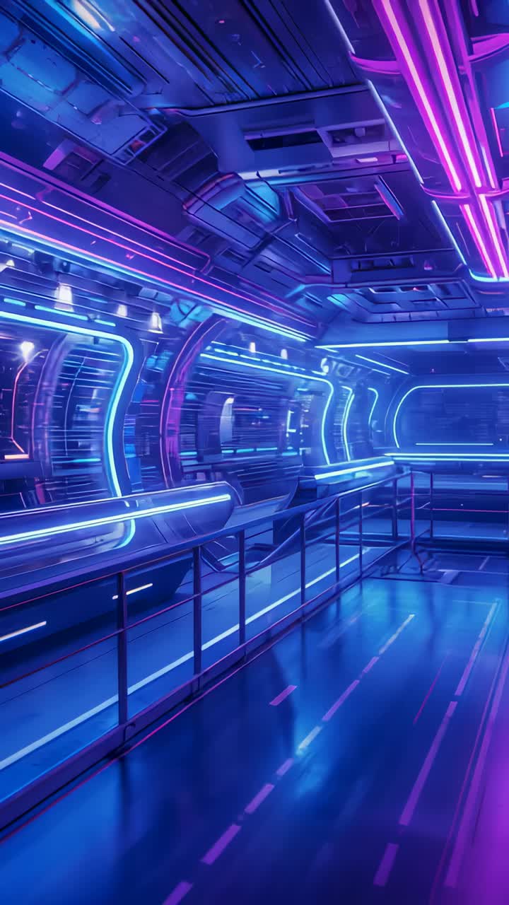 Vertical video: Dolly camera gliding through spacecraft corridor, showcasing junction and railings