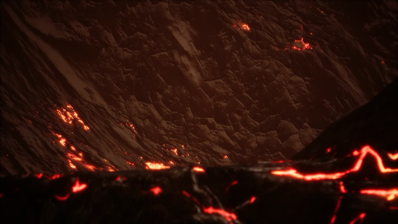 Red Orange vibrant Molten Lava flowing onto grey lavafield and glossy rocky land