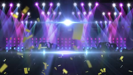 Animation-of-gold-confetti-falling-over-dancing-floor-with-blue-and-purple-spotlights