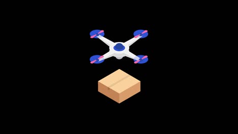 entrega de drones y paquete de cartón. proceso de entrega y texto que aparece. animación de bucle isométrico en canal alfa. resolución 4k.