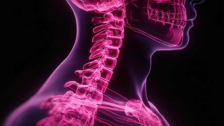 Esplorare l'anatomia umana: una vista dettagliata della colonna cervicale e delle zone limitrofe, evidenziata con una luce rosa brillante per una migliore visualizzazione