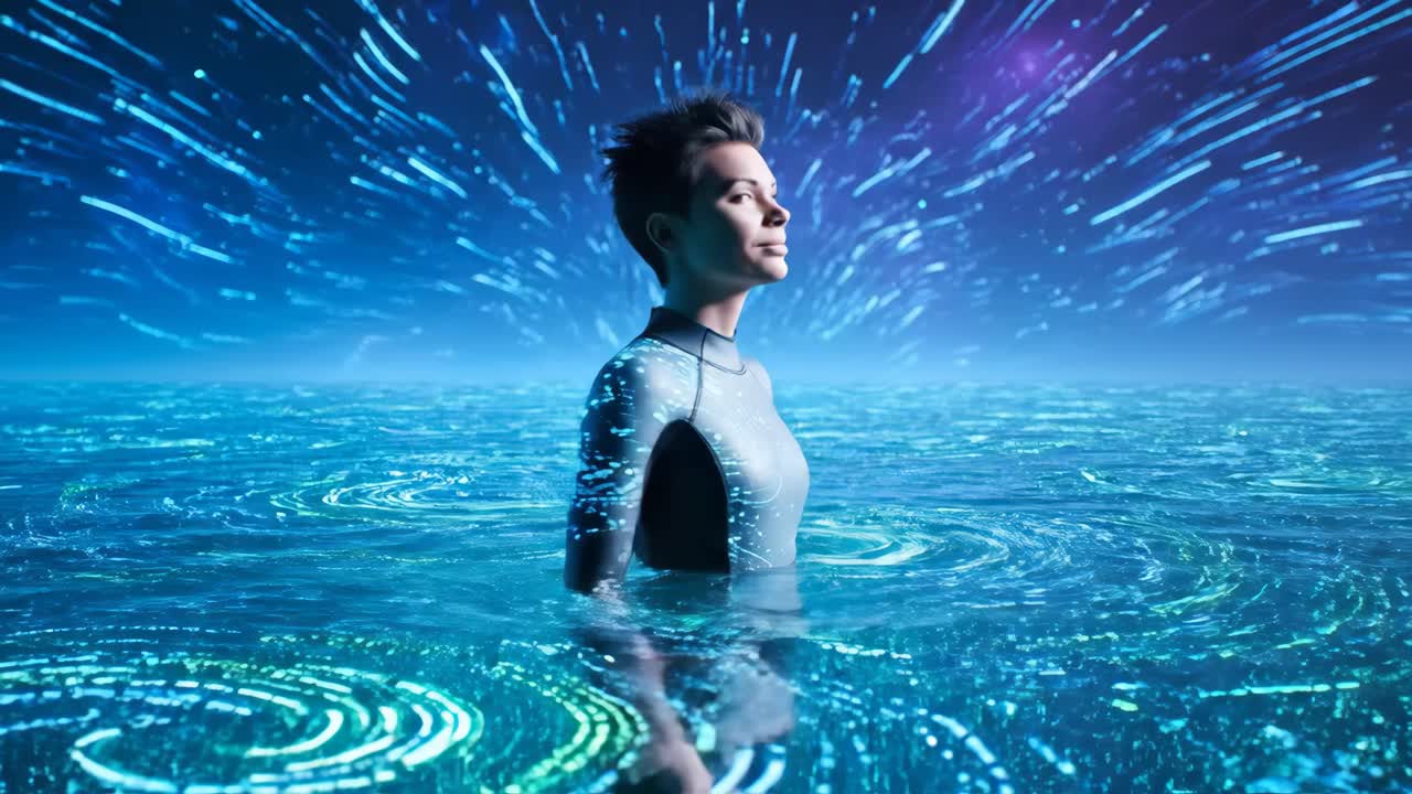 A woman standing in futuristic water with an abstract background