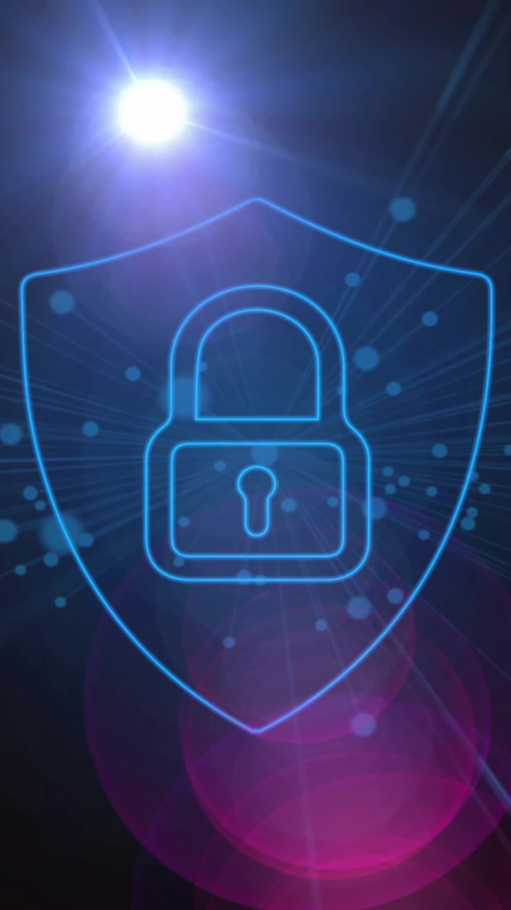 Animazione di lucchetto di sicurezza online e rete di connessioni su sfondo scuro