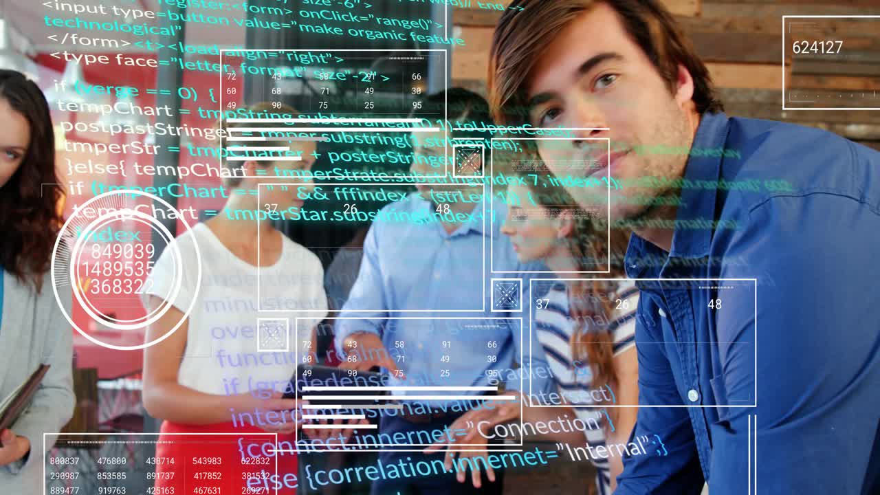 Tablet holder swiping screen, design team gathering table reviewing mockups, code overlay animating