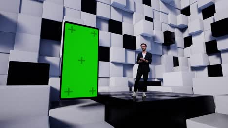 el presentador de televisión en el estudio virtual de noticias de pantalla verde con marcadores vuela sobre el escenario