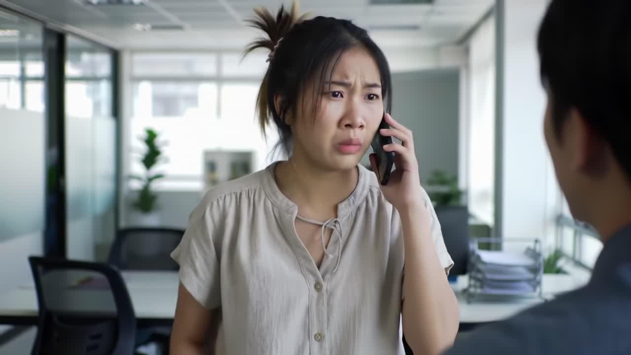 In a modern office setting, a woman expresses concern while speaking on the phone. Her serious expression and posture suggest an urgent situation requiring immediate attention from a colleague nearby.