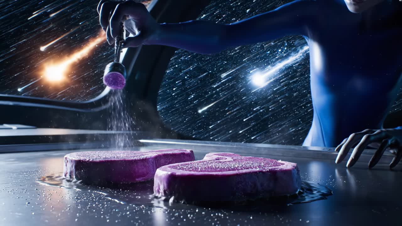 Futuristic alien cooks steak in space as meteors fall