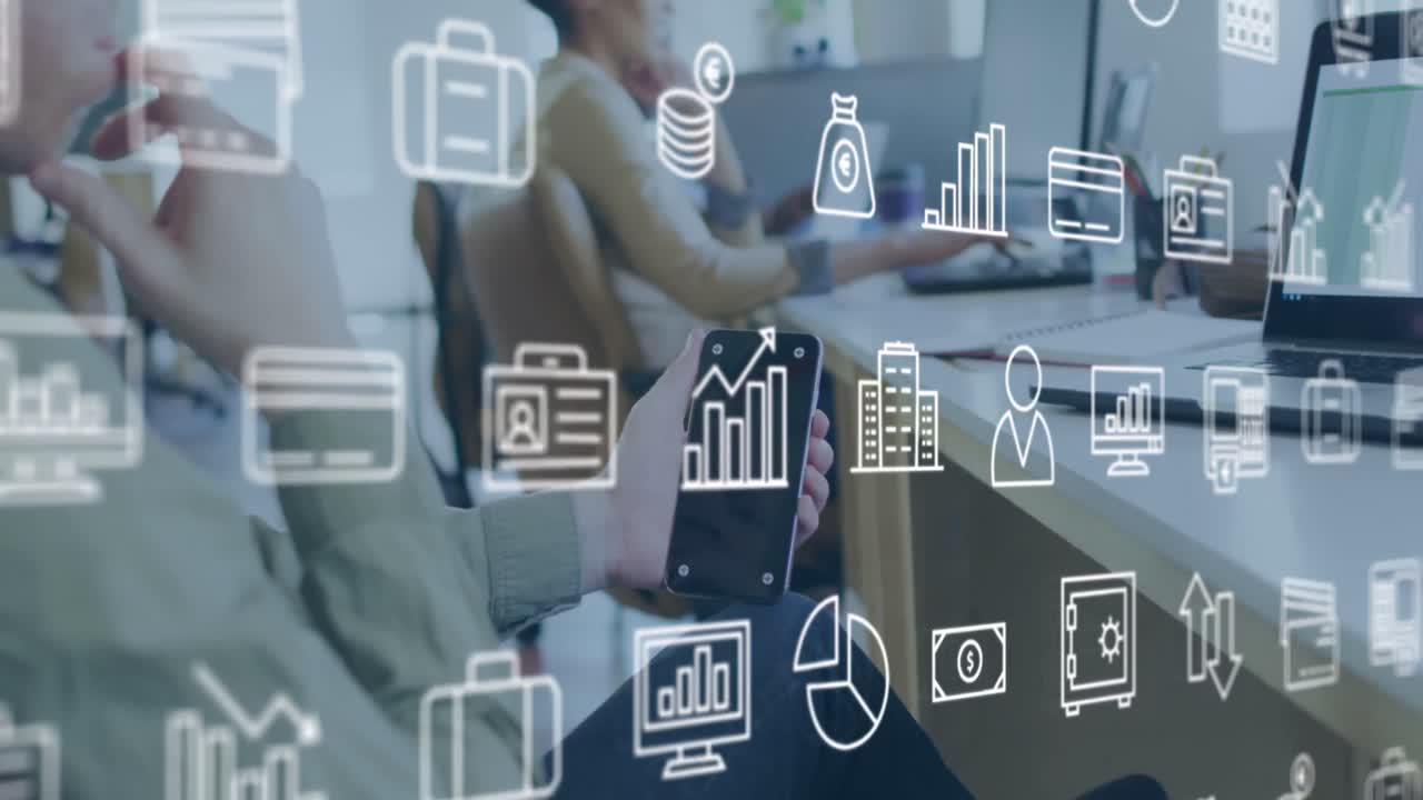 animación de iconos de negocios sobre diversas personas de negocios en la oficina