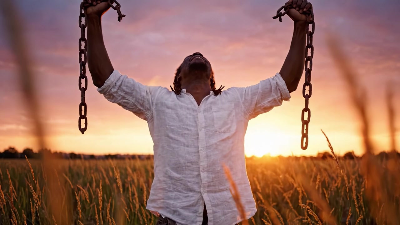 A Journey from Bondage to Freedom: Capturing the Transformation of a Man Celebrating Liberation Against a Breathtaking Sunset in a Field