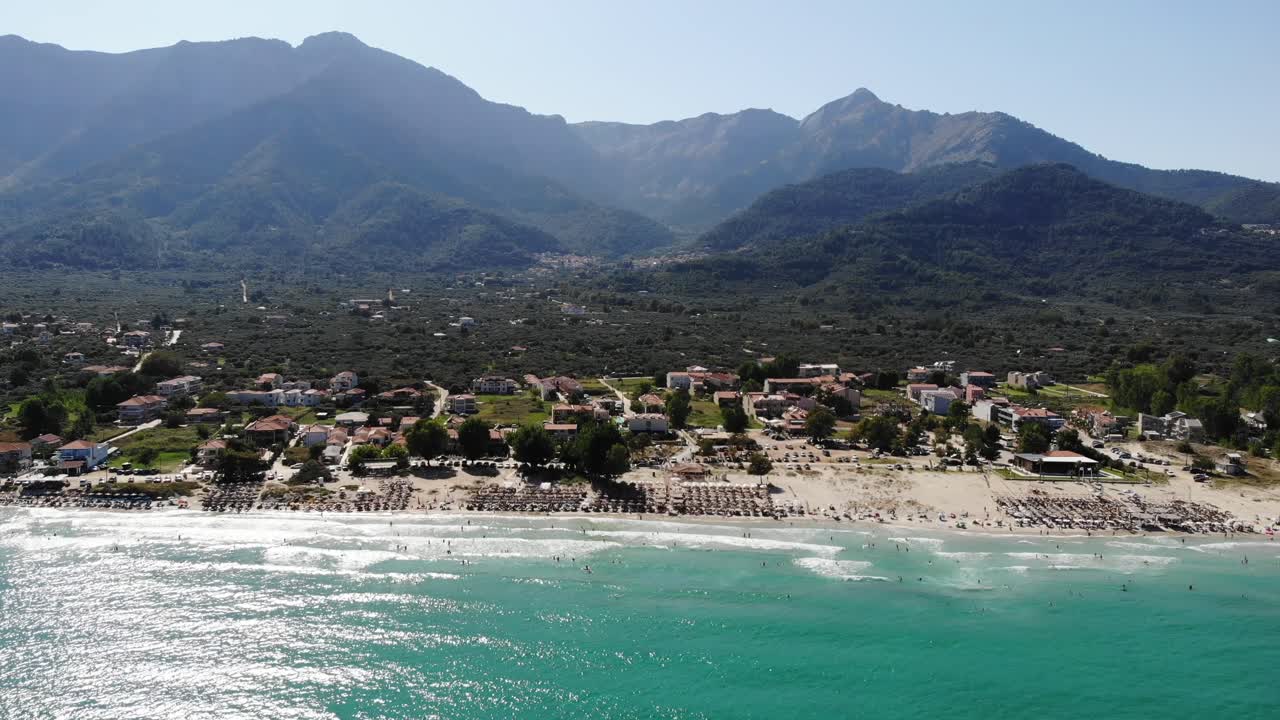 Beautiful drone aerial Beach from Thassos Grece Crowded Mountain