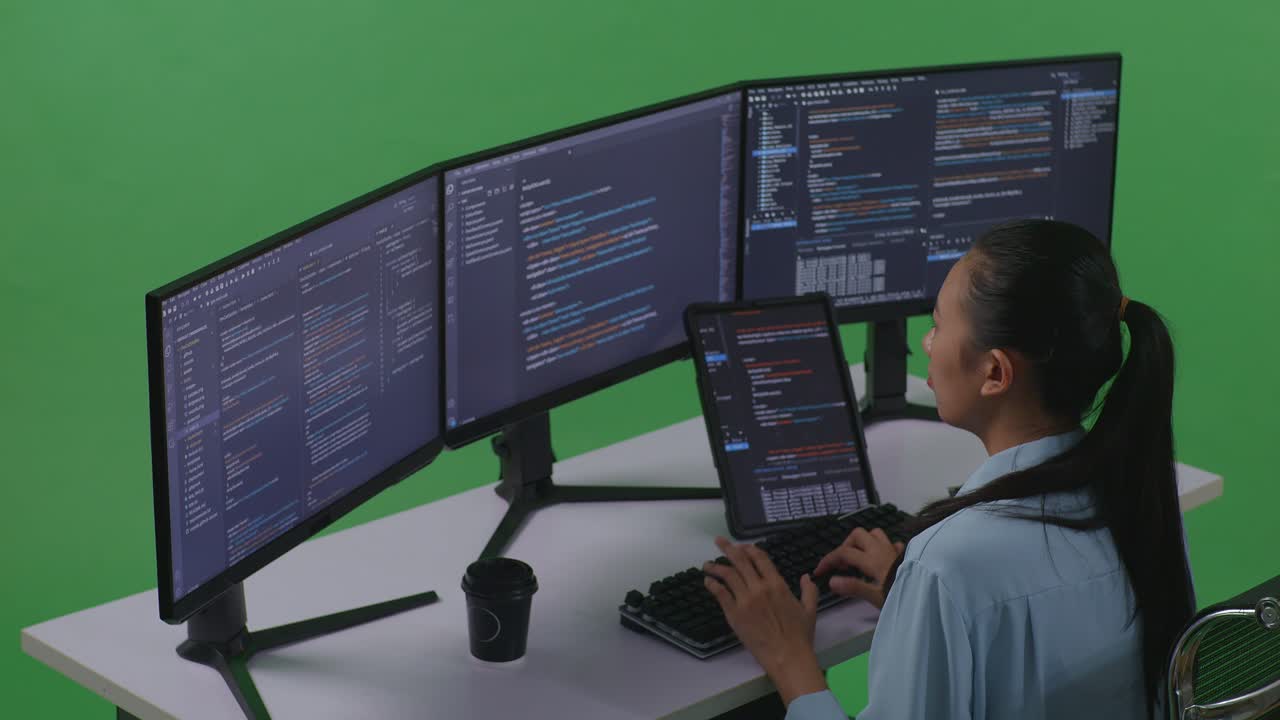 vista lateral de una desarrolladora asiática trabajando con una tableta mientras escribe código con múltiples pantallas de computadora en el estudio de pantalla verde