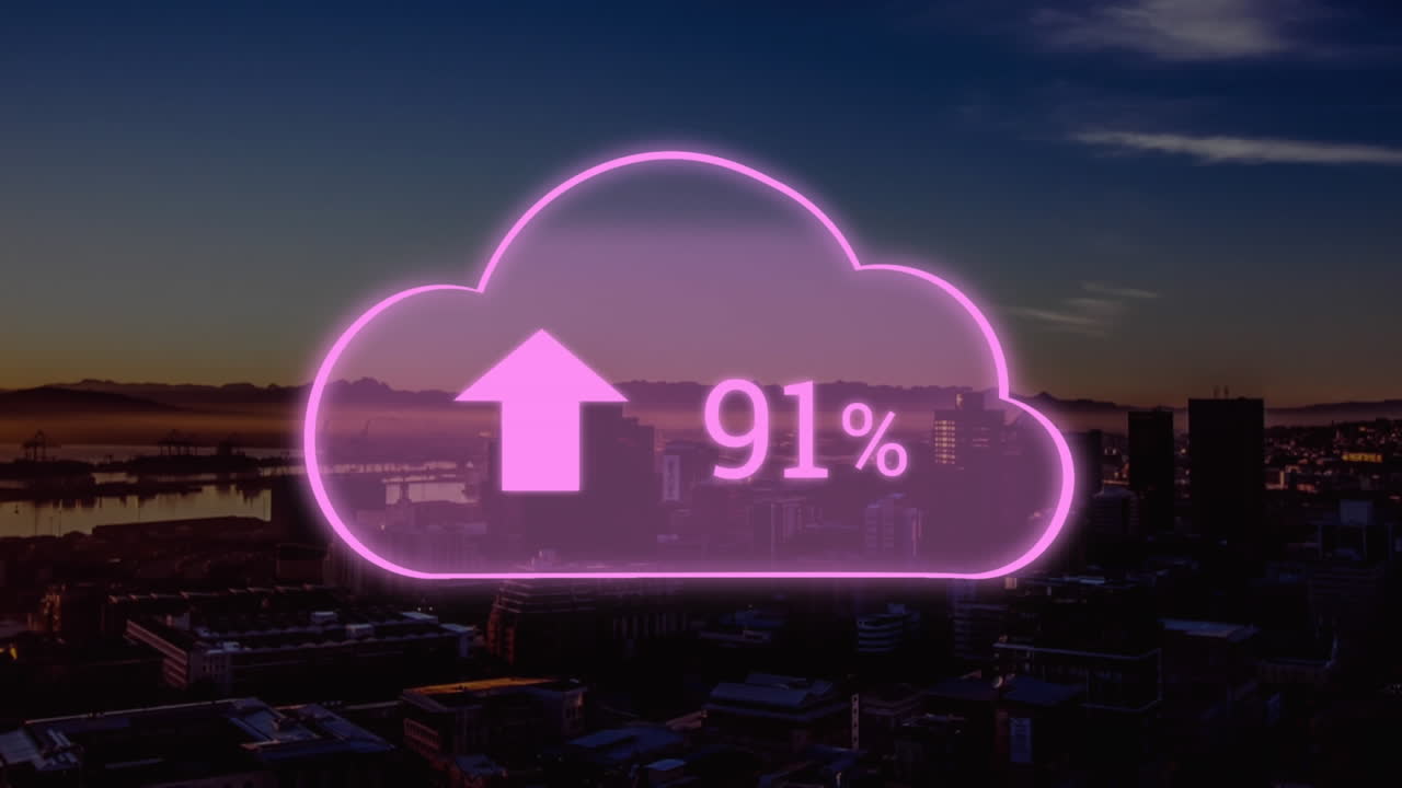Animation of cloud icon with percentage and city in background