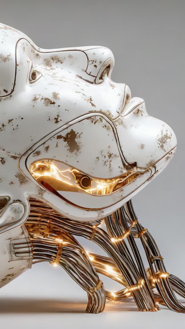 An Intriguing Hybrid Sculpture Blending Futuristic Technology with Human Features, Showcasing a Unique Aesthetic of Mechanical and Artistic Expression