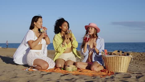 friends enjoying a beach picnic with drinks