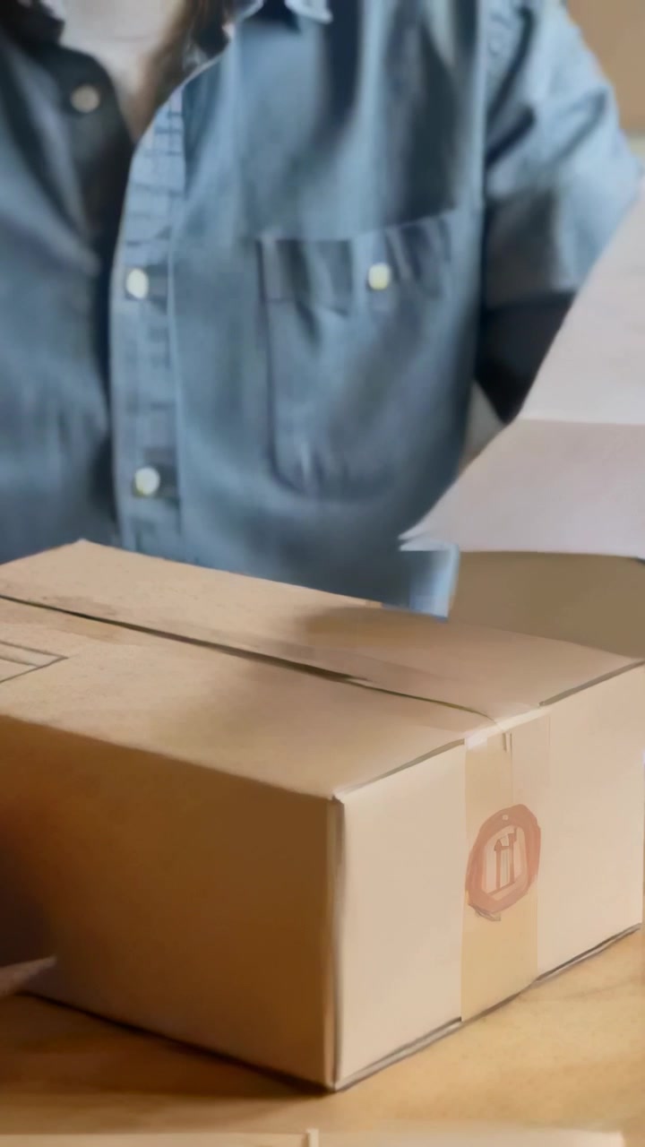 Video vertical: Hombre con camisa azul sellando la costura de una caja con una pistola de cinta después de empacar, leyendo la etiqueta.