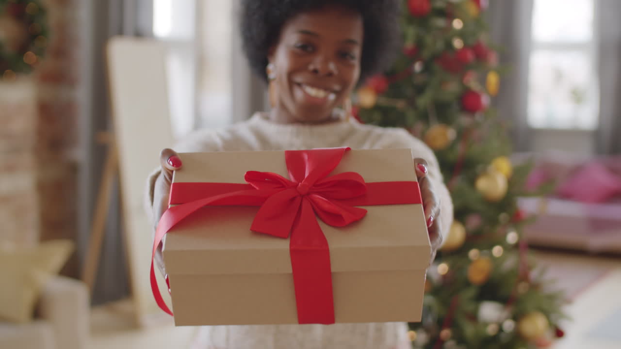 retrato de una alegre mujer afroamericana con un regalo de navidad en casa