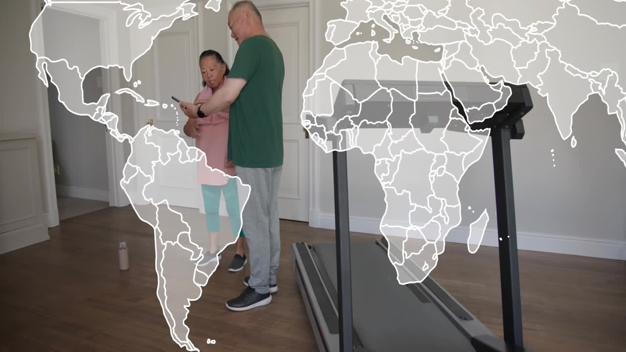 Woman exercising near treadmill with map overlay, man entering showing phone tracking fitness