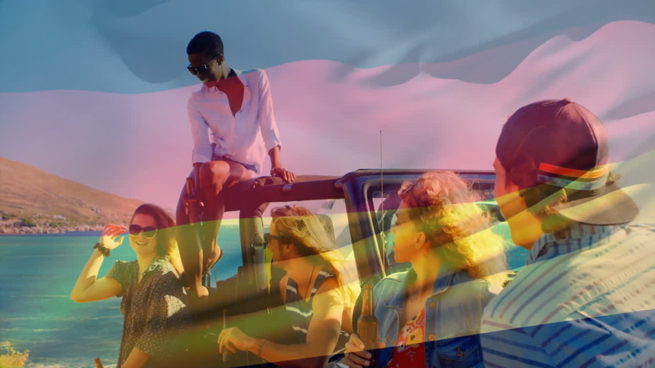 독일 발 애니메이션 위에서 해변 여행을 즐기는 친구 그룹