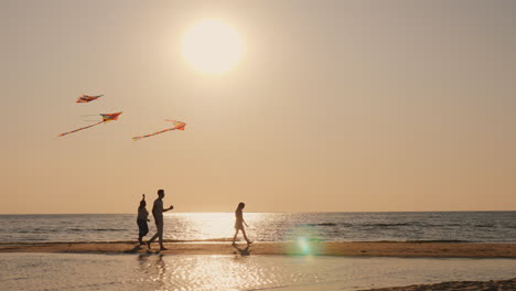 a young family actively spends time together - they play kites