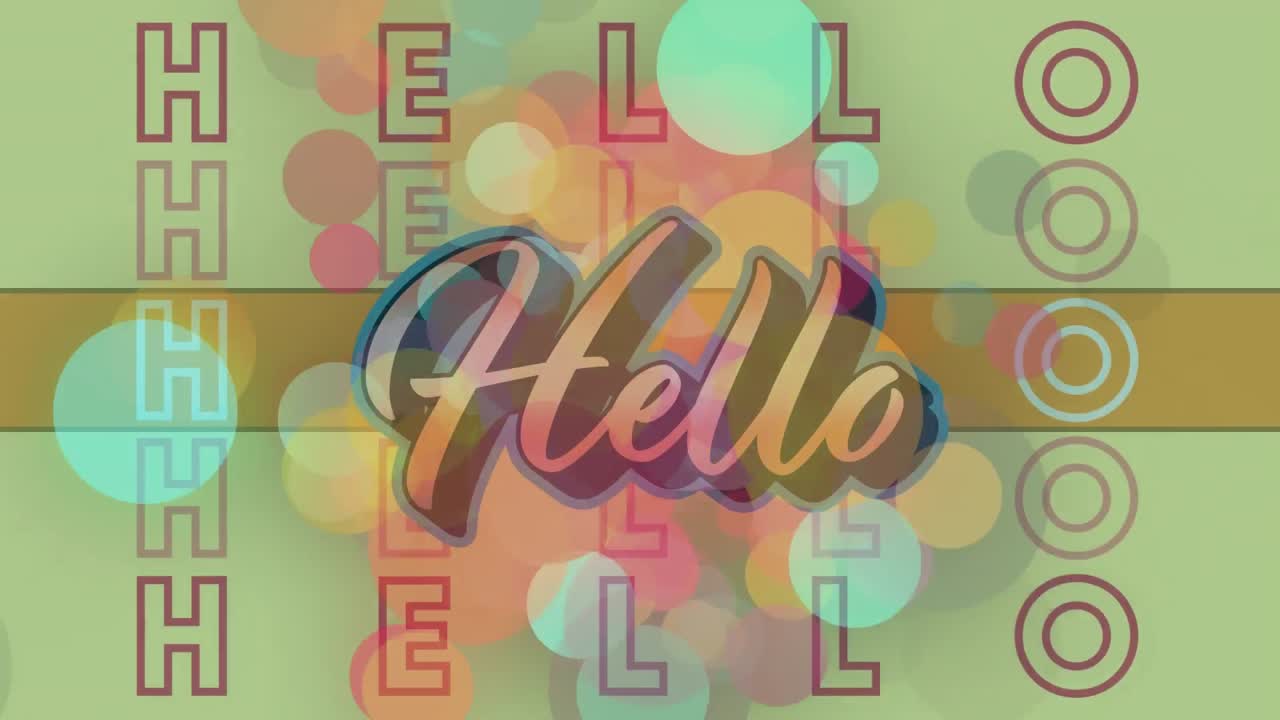 Animation of hello text over colourful spots pulsation in background