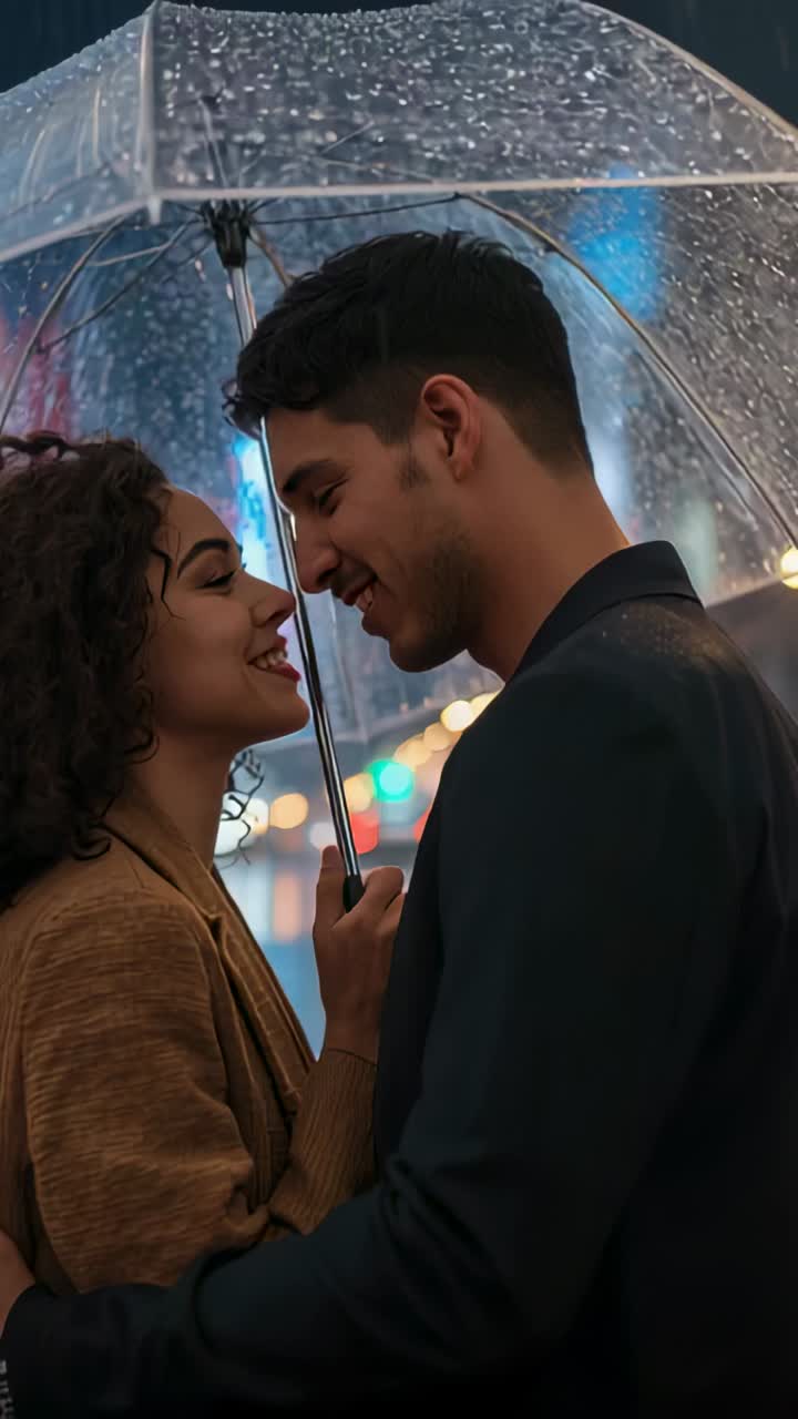 Vertical video: Rain falling couple in tan coat leaning in for kiss with clear umbrella on street