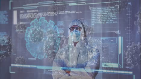 Animation-of-virus-cells-and-digital-interface-over-male-doctor-wearing-face-mask