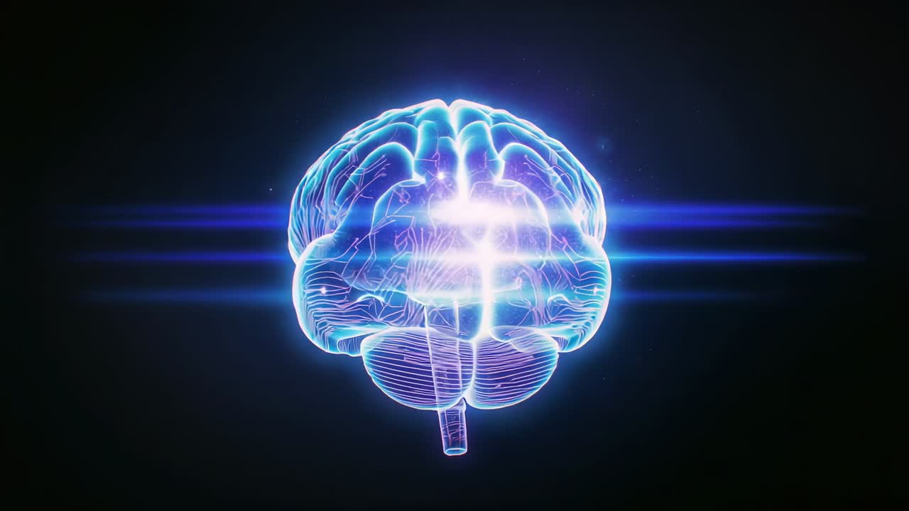 Appearing neon 3D brain model rotating in black void, showcasing neon tracings with light beams