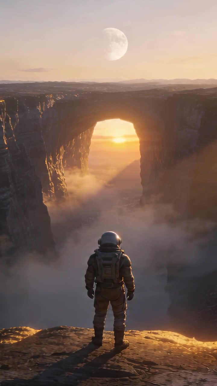 Vertical video: Watching astronaut in spacesuit standing on cliff edge, sun emerging through arch